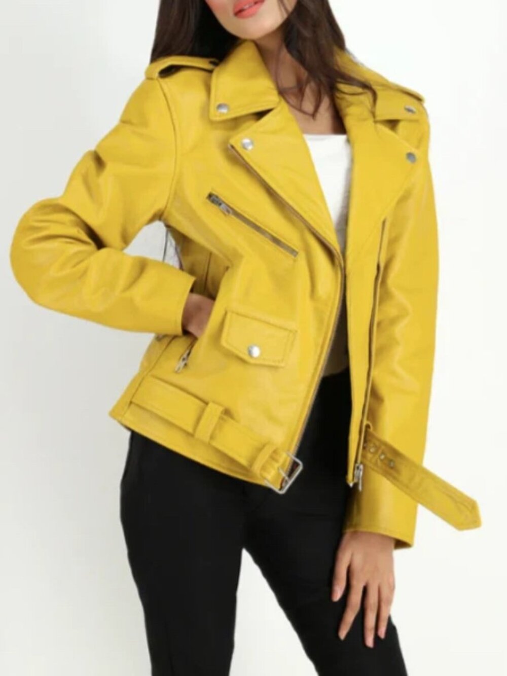 Women's Moto Genuine Cowhide Asymmetric Leather Biker Jacket - S